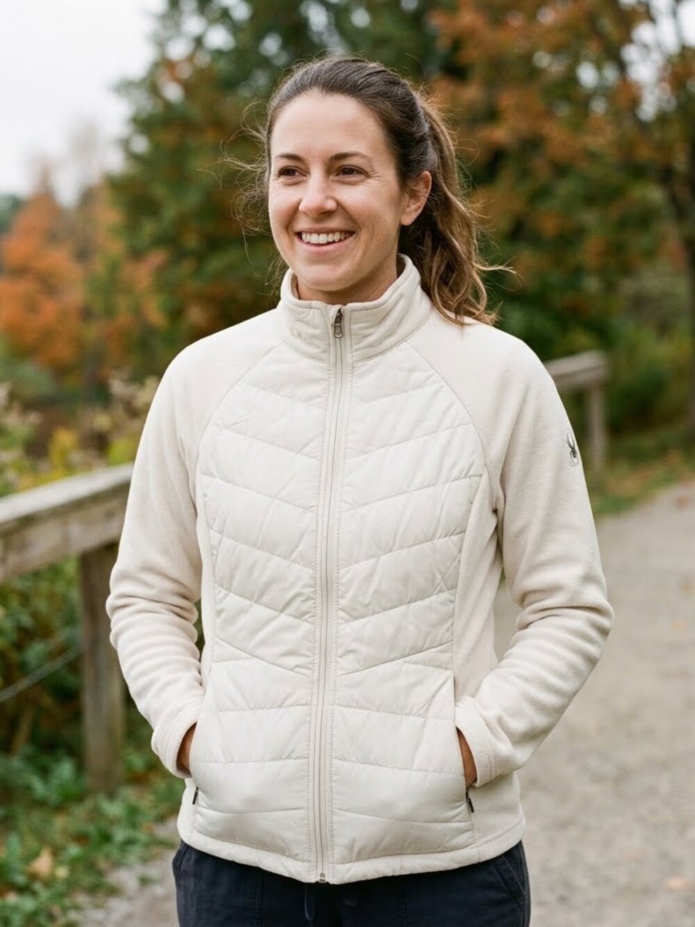 Spyder Women's Nova Hybrid Full Zip Fleece Puffer Jacket Off White L
